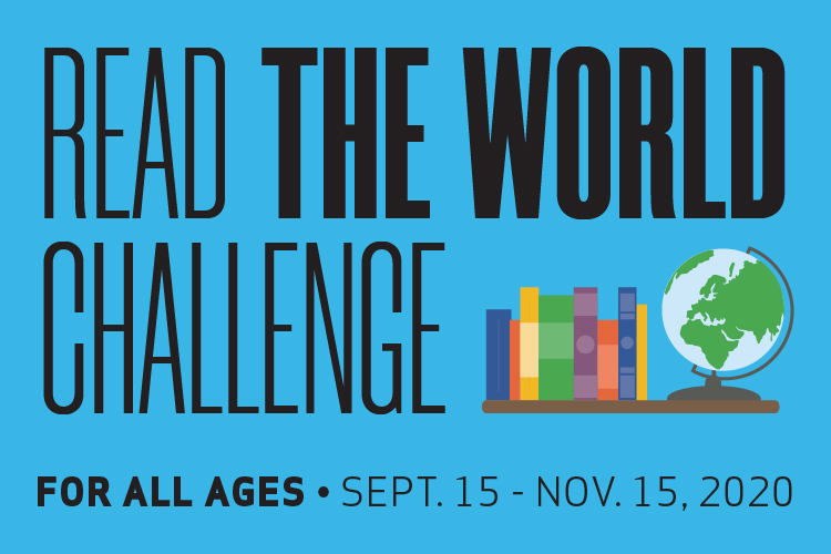 "Read the World Challenge" with books and globe on shelf
