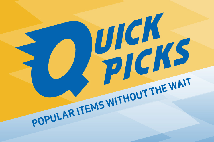 Blue Quick Picks logo above slogan on a gold and blue jagged background 