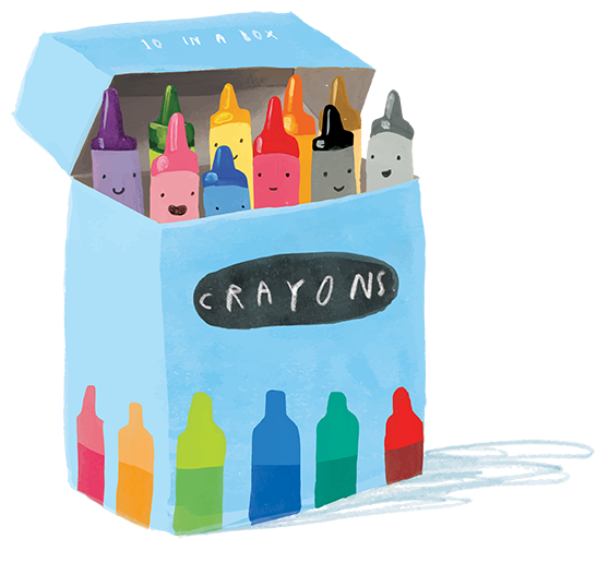 Colorful crayons in a box - artwork by Oliver Jeffers