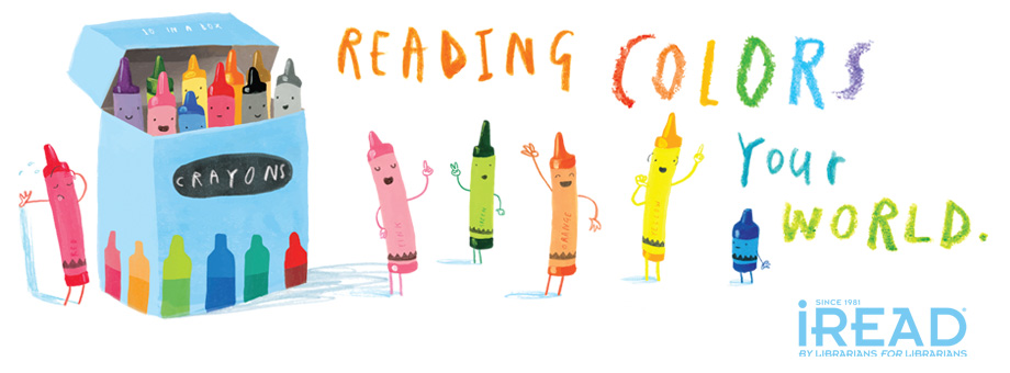 Reading Colors Your World graphic with colorful crayons having fun by a blue crayon box