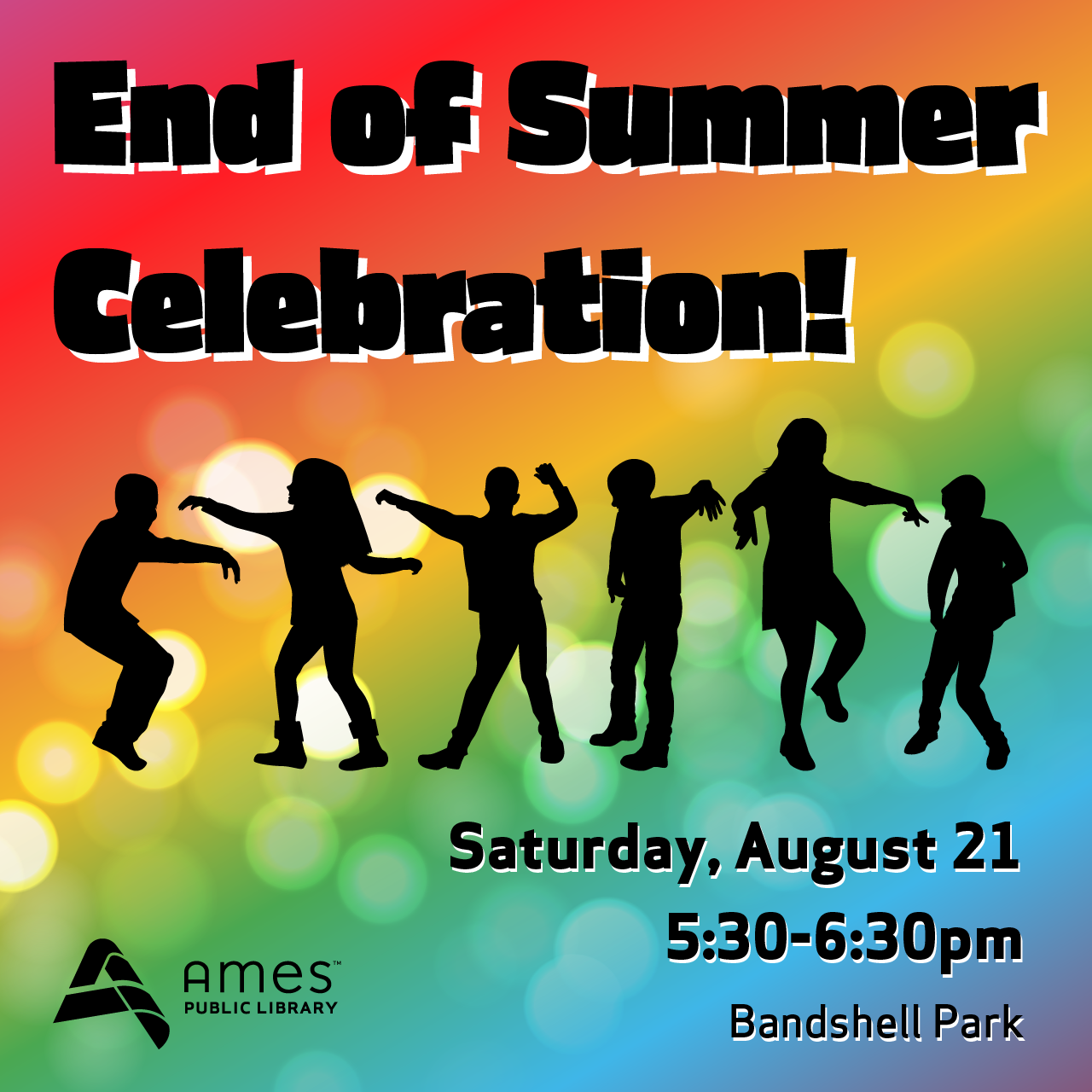 End of Summer Celebration graphic with kids dancing on a rainbow background