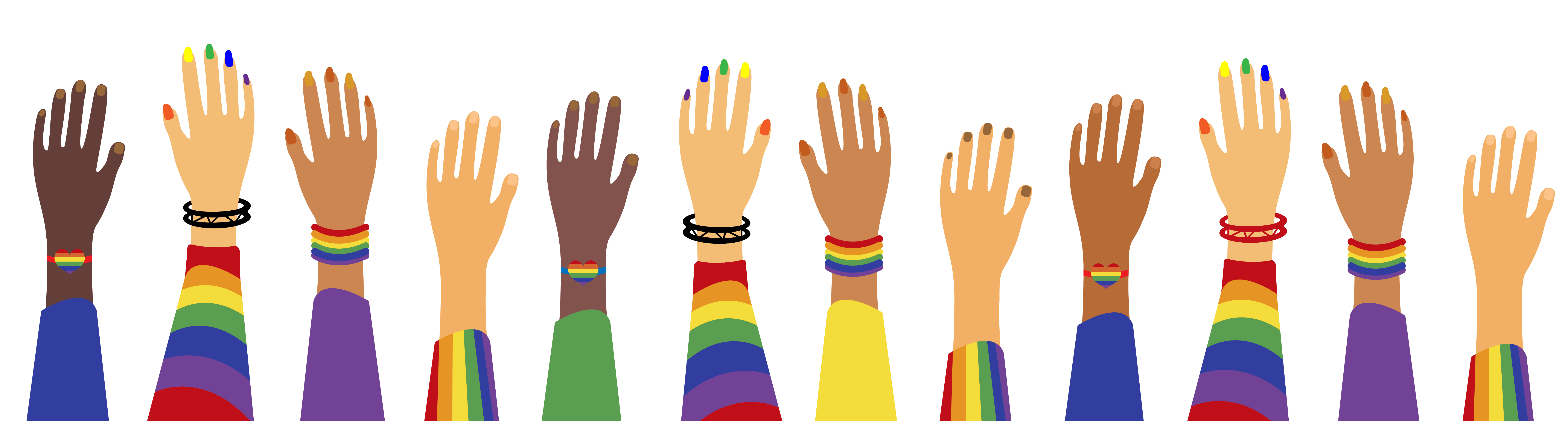 Hands wearing colorful rainbow clothes and jewelry