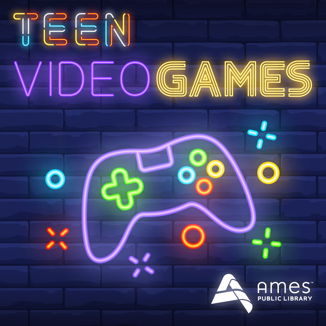 Teen Videogames. Image features game controller in neon lights.