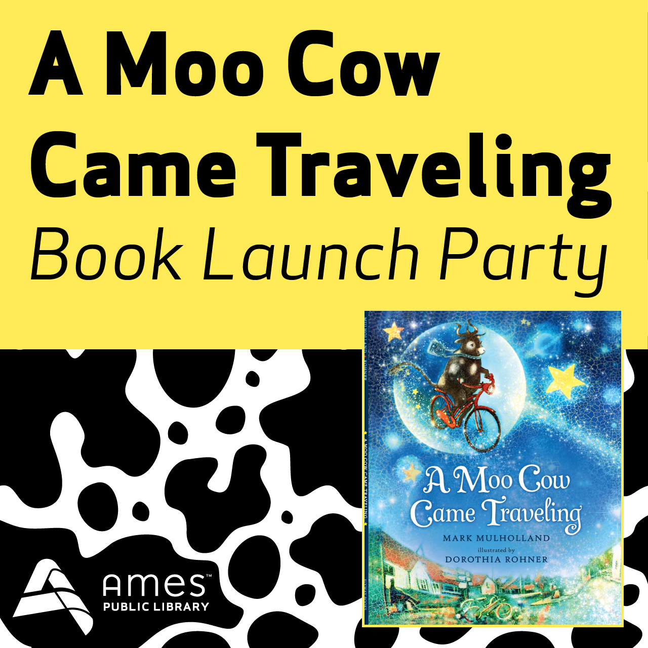 A Moo Cow Came Traveling book cover on a cow pattern