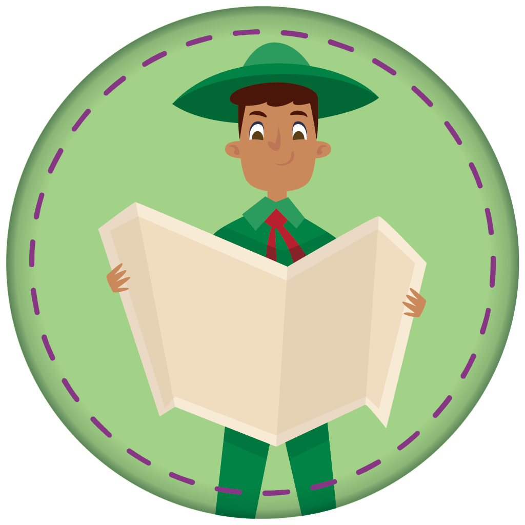 badge with Scout in green reading map
