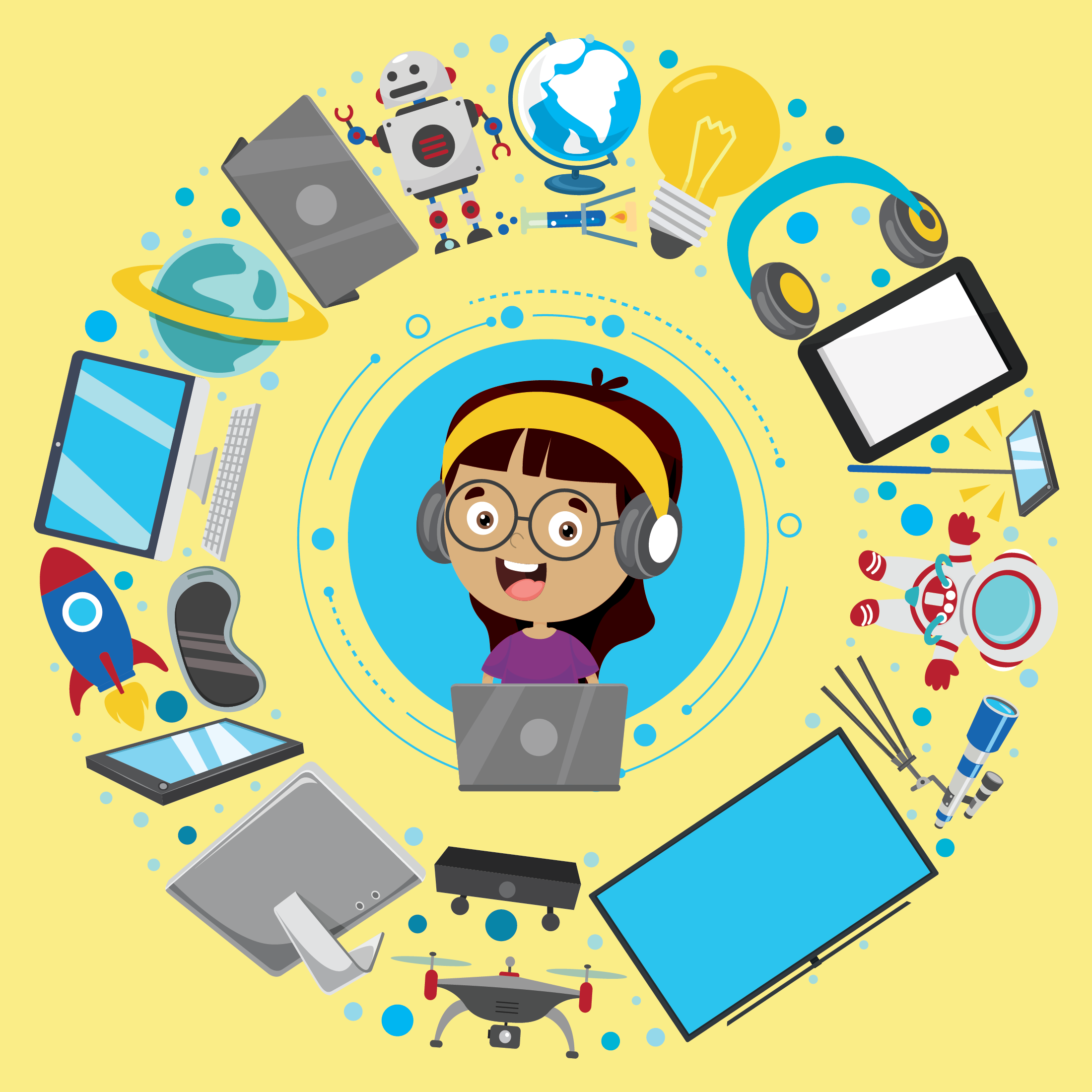 Image of cartoon girl surrounded by technology items