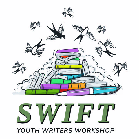 SWIFT Youth Writers Workshop logo with a stack of colorful books with swallows flying around and over the books.