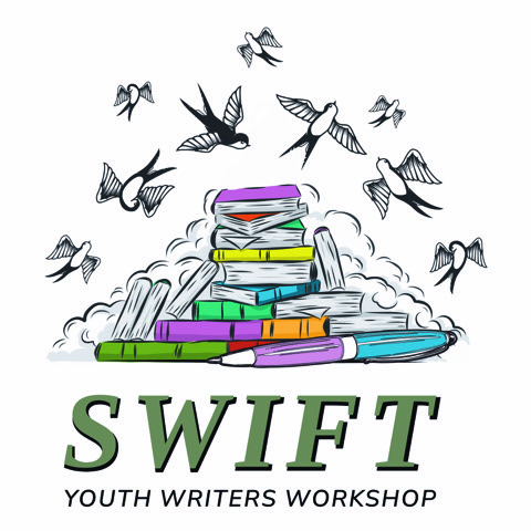 SWIFT%20Youth%20Writers%20Workshop%20logo%20with%20a%20stack%20of%20colorful%20books%20with%20swallows%20flying%20around%20and%20over%20the%20books.