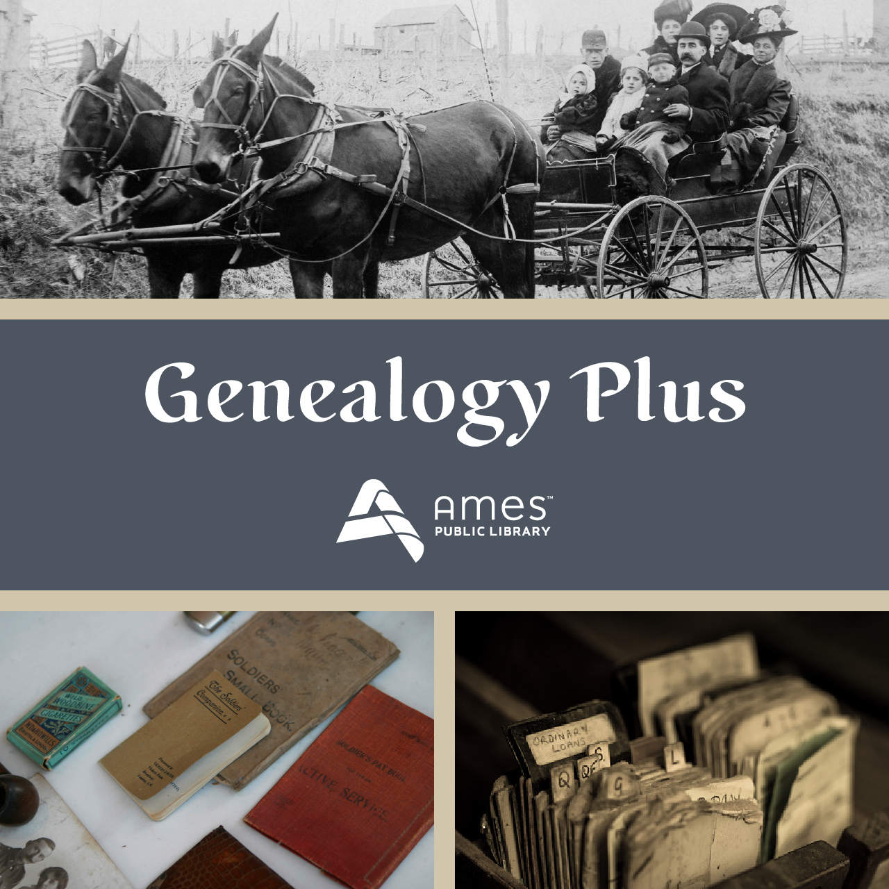 Genealogy Plus graphic with historical photos of family in a carriage, journals, and records