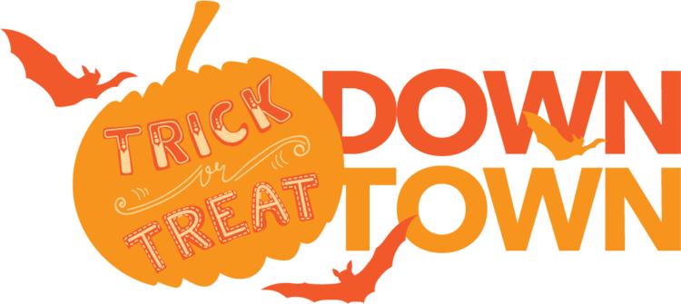 Downtown Trick or Treat. Image features silhouette of pumpkin and bats