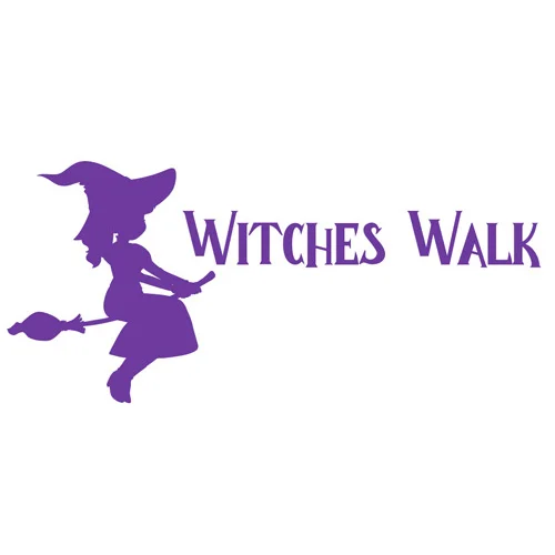 Witches Walk logo featuring silhouette of person in pointy hat riding a broom