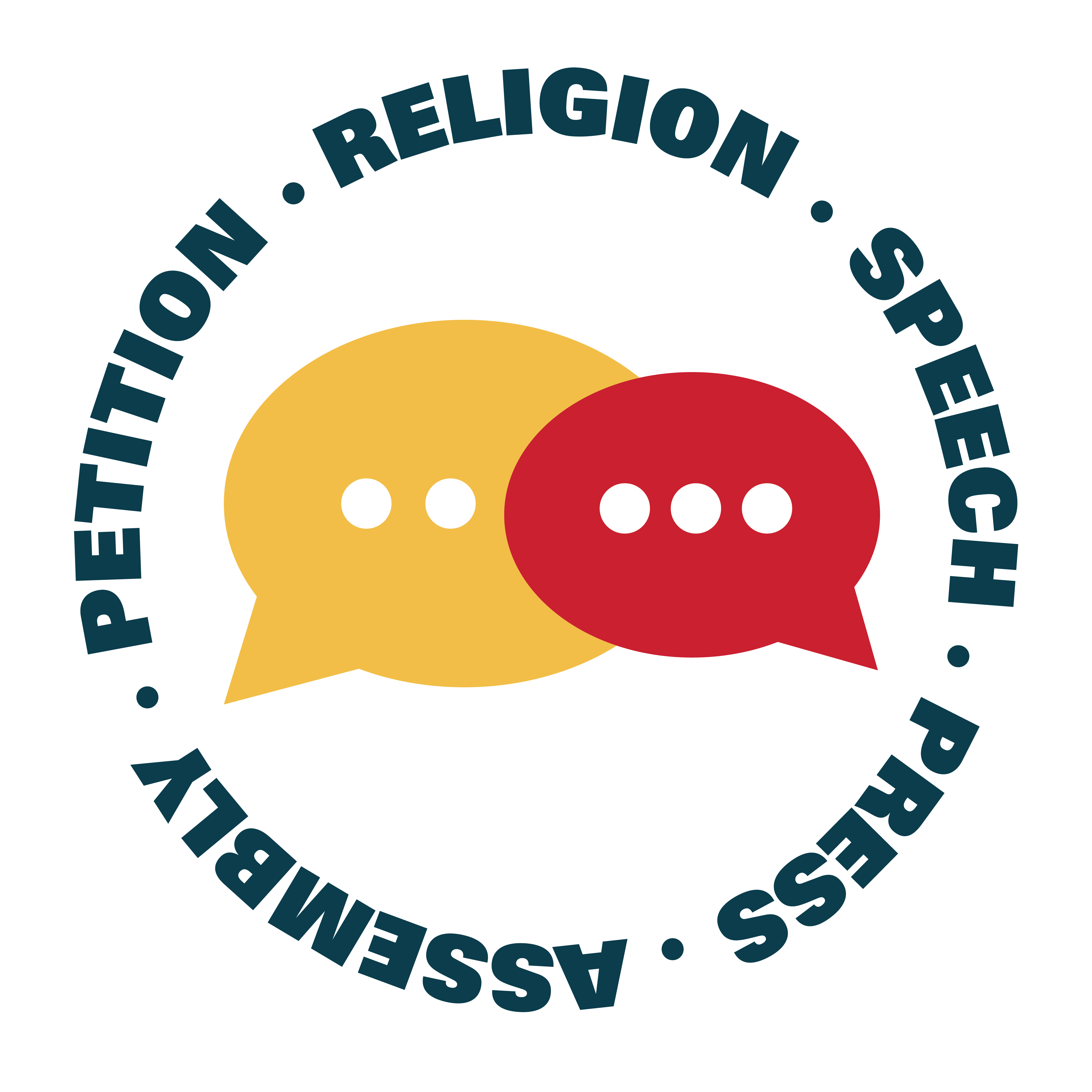 Graphic of red and yellow speech bubbles surrounded by the words: "Religion - Speech - Press - Assembly - Petition"
