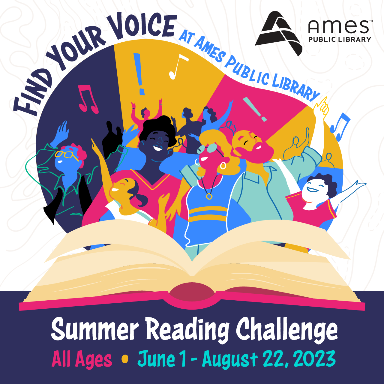 Open Book with celebrating people of all ages coming out for "Find Your Voice" summer reading challenge.