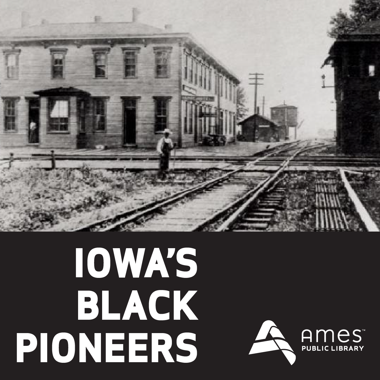 Old photograph of a farmer near a railroad track.