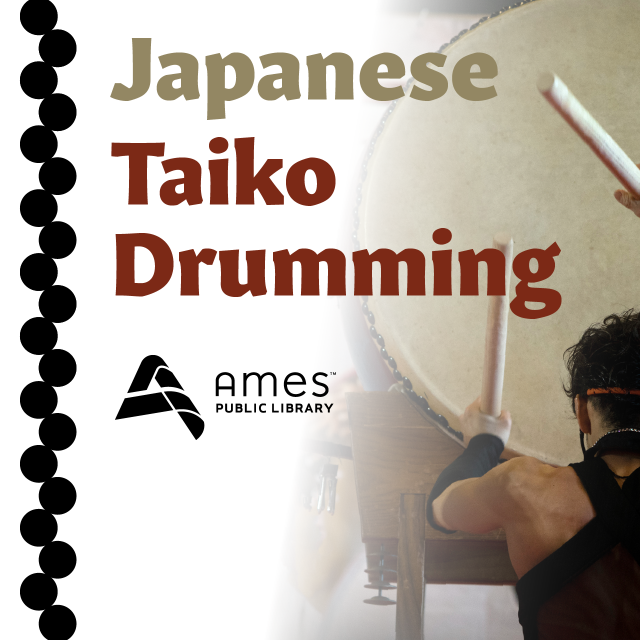 Photo of person holding mallets and playing a large Taiko drum.