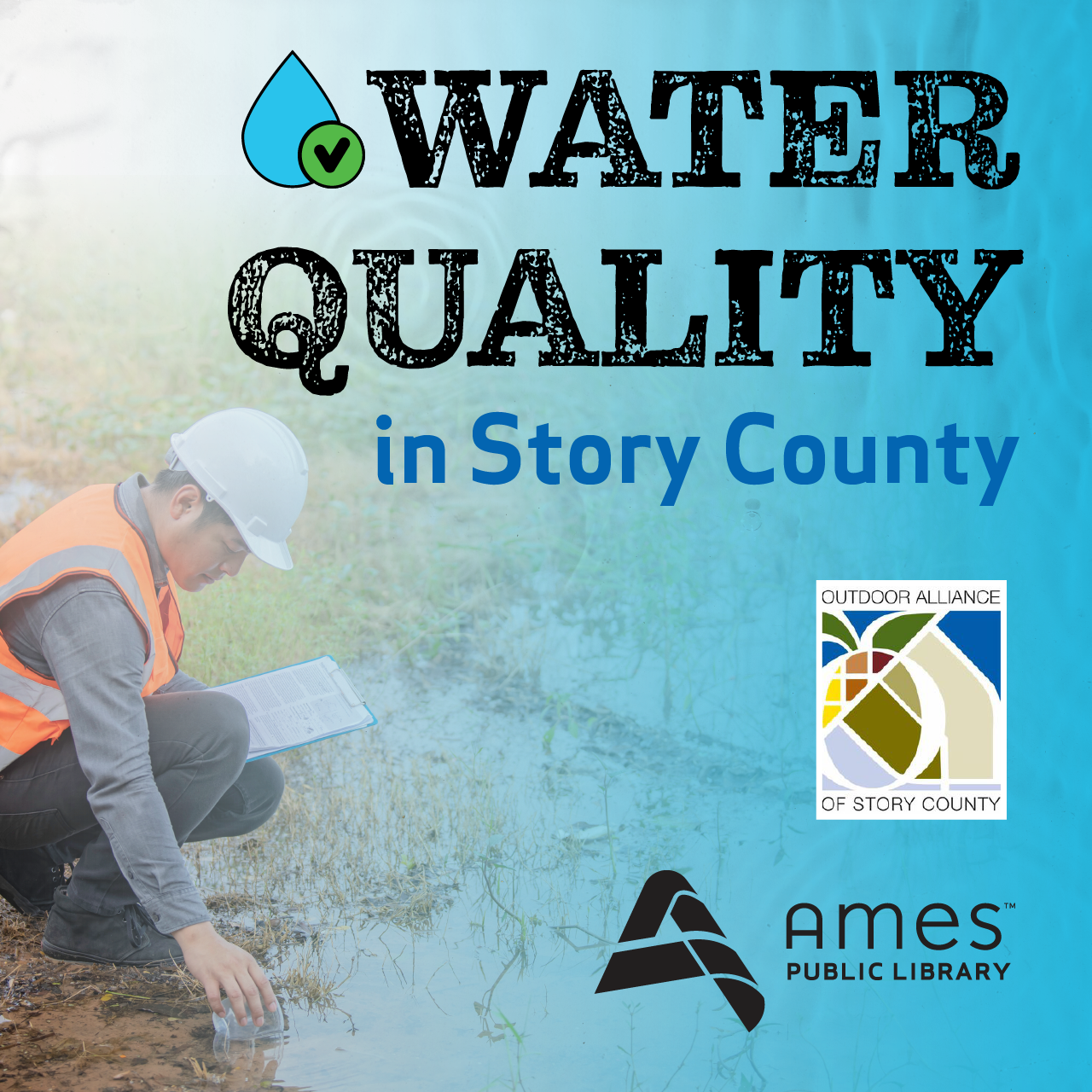 Photo of person with a clipboard collecting water near a small pond