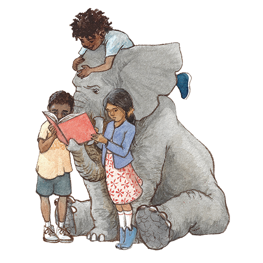 African Elephant and kids reading together