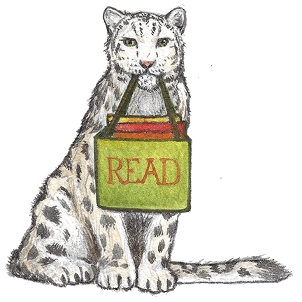 Snow Leopard holding bag of books