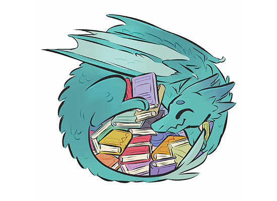Artwork of a dragon wrapped around a pile of colorful books