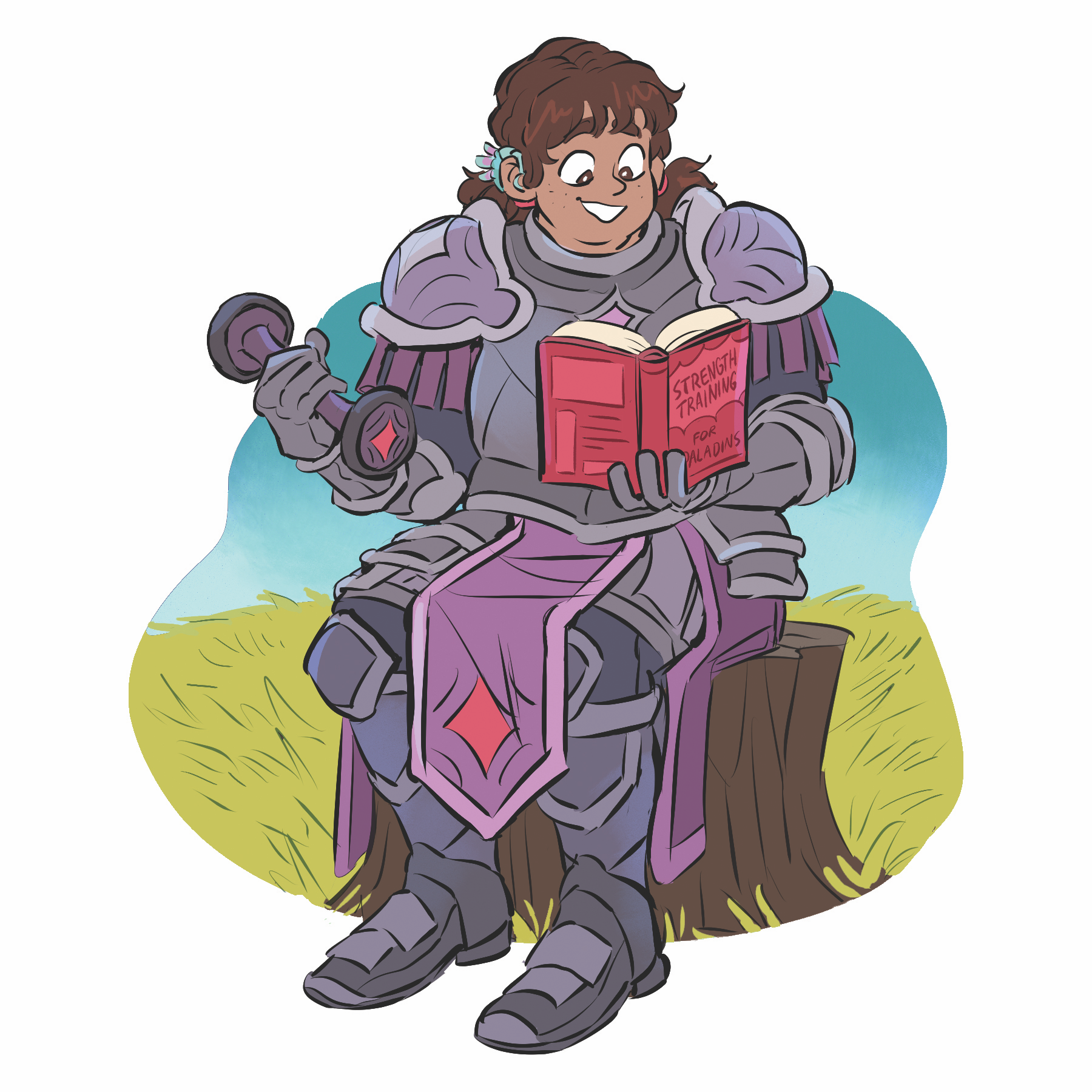 Artwork of a girl in metal armor lifting a weight and reading a book
