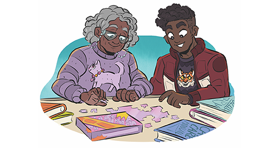 Artwork of an older woman and young man working together on a puzzle