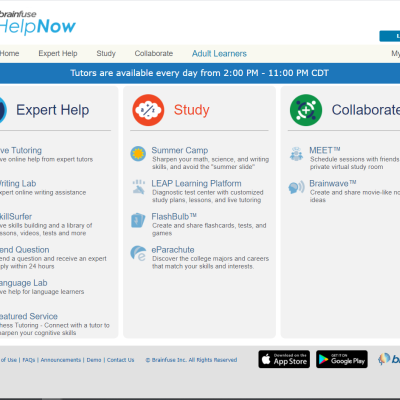 BrainFuse HelpNow Website Screenshot featuring Expert Help, Study, and Collaborate