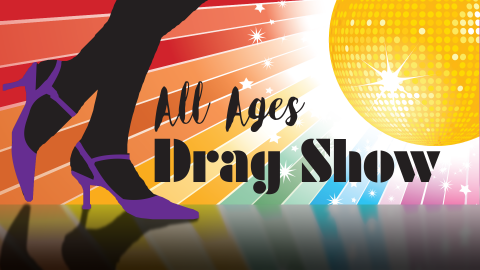 All Ages Drag Show graphic of shoes and rainbow.
