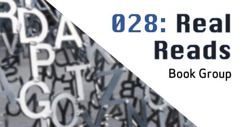 028 Real Reads Book Group graphic with photo of a jumble of metal letters