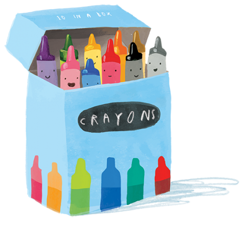 Colorful crayons in a box - artwork by Oliver Jeffers