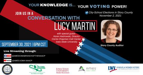 Your Knowledge is Your Voting Power. Join us in a conversation with Lucy Martin with special guest Karen Kedrowski, Director Carrie Chapman Catt Center Iowa State University