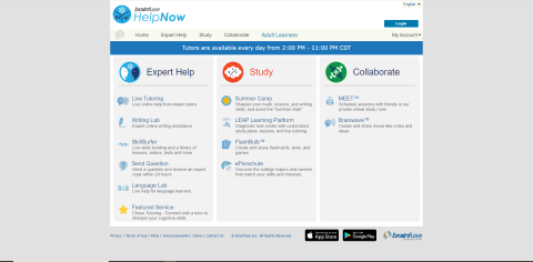 BrainFuse HelpNow Website Screenshot featuring Expert Help, Study, and Collaborate
