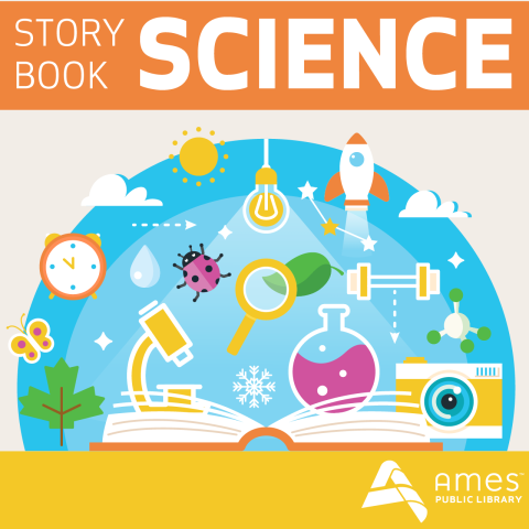 Storybook Science. Image features book with science-related objects and equipment.