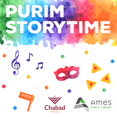 Purim Storytime. Colorful graphic features music notes, decorative mask, hamantaschen pastries, and noisemaker.