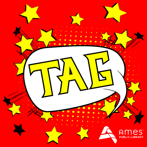 TAG in a speech bubble on a red background with yellow and black stars 