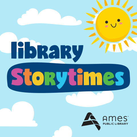 Library Storytimes image with smiling cartoon sun in cloudy sky