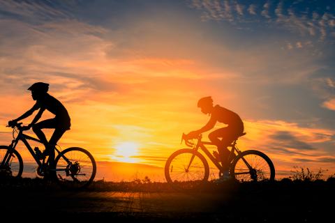 Photo of bicyclists silhouetted against a golden sunset