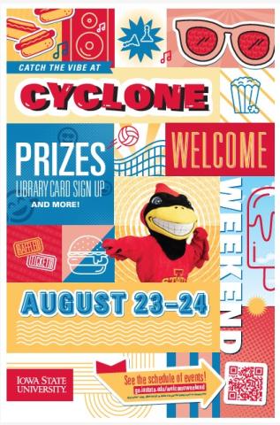 poster saying prizes, library card sign up and more for Cyclone Weekend with fun summer graphics