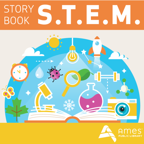 Storybook S.T.E.M. Image features book with science-related objects and equipment.