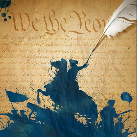 Silhouettes of Revolutionary War soldiers in ink with the United States Declaration of Independence in the background