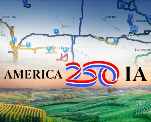 America 250 IA logo with fields and map behind it
