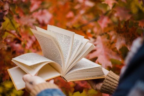 Photo of book pages being flipped by a person in front of autumn leaves.