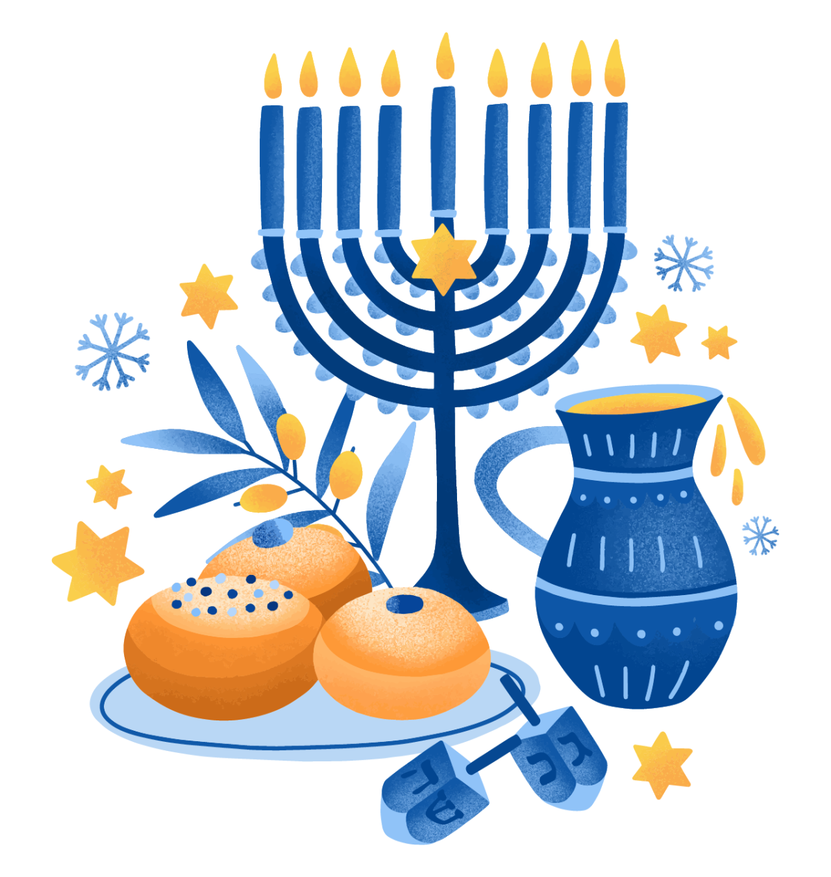 Chanukah menorah, donuts, oil pitcher, and dreidels