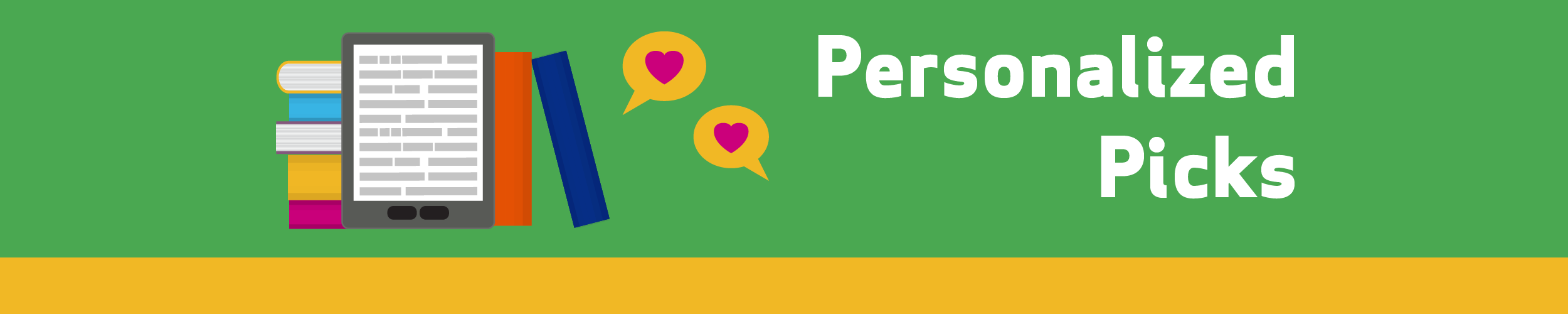 Vector graphic of pile of books with a tablet and a heart next to title