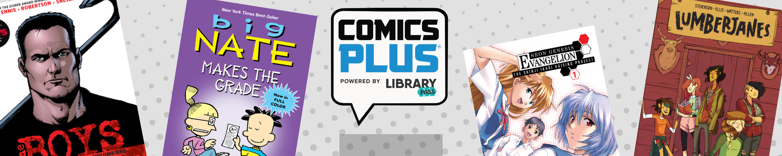 Comics Plus slide with comic book covers and logo