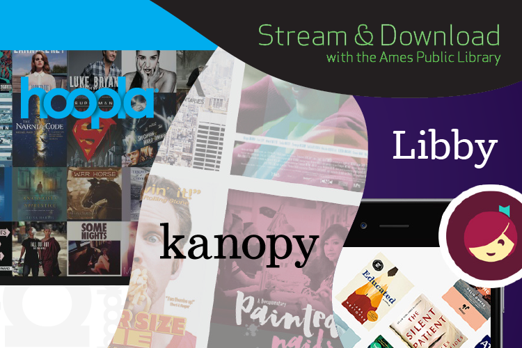 Swirls with black fill next to swirls with graphics for Hoopla, Kanopy, and Libby stream and download services