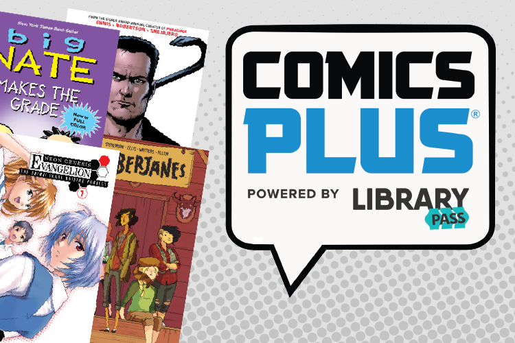 Comics Plus slide with comic book covers and logo