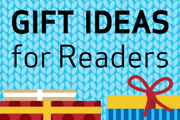 "Gift Ideas for Readers" text on knit background next to stack of wrapped books