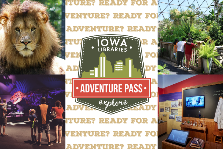 Photos of a lion, dinosaur skeleton, tropical plants, and museum display surrounding the Adventure Pass Logo