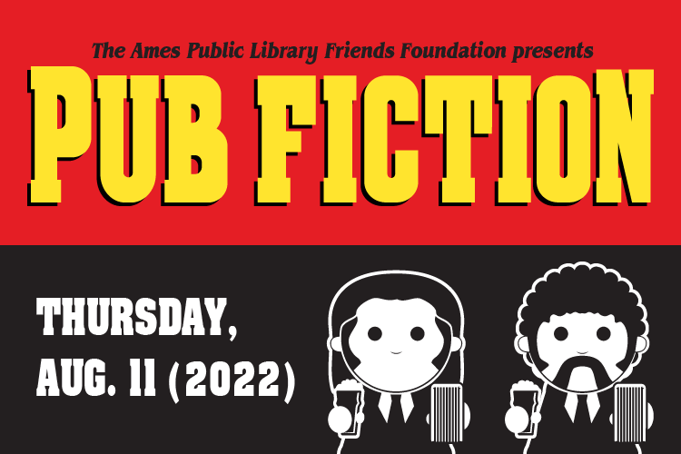 Pub Fiction slide with red and black background and stylized Pulp Fiction characters